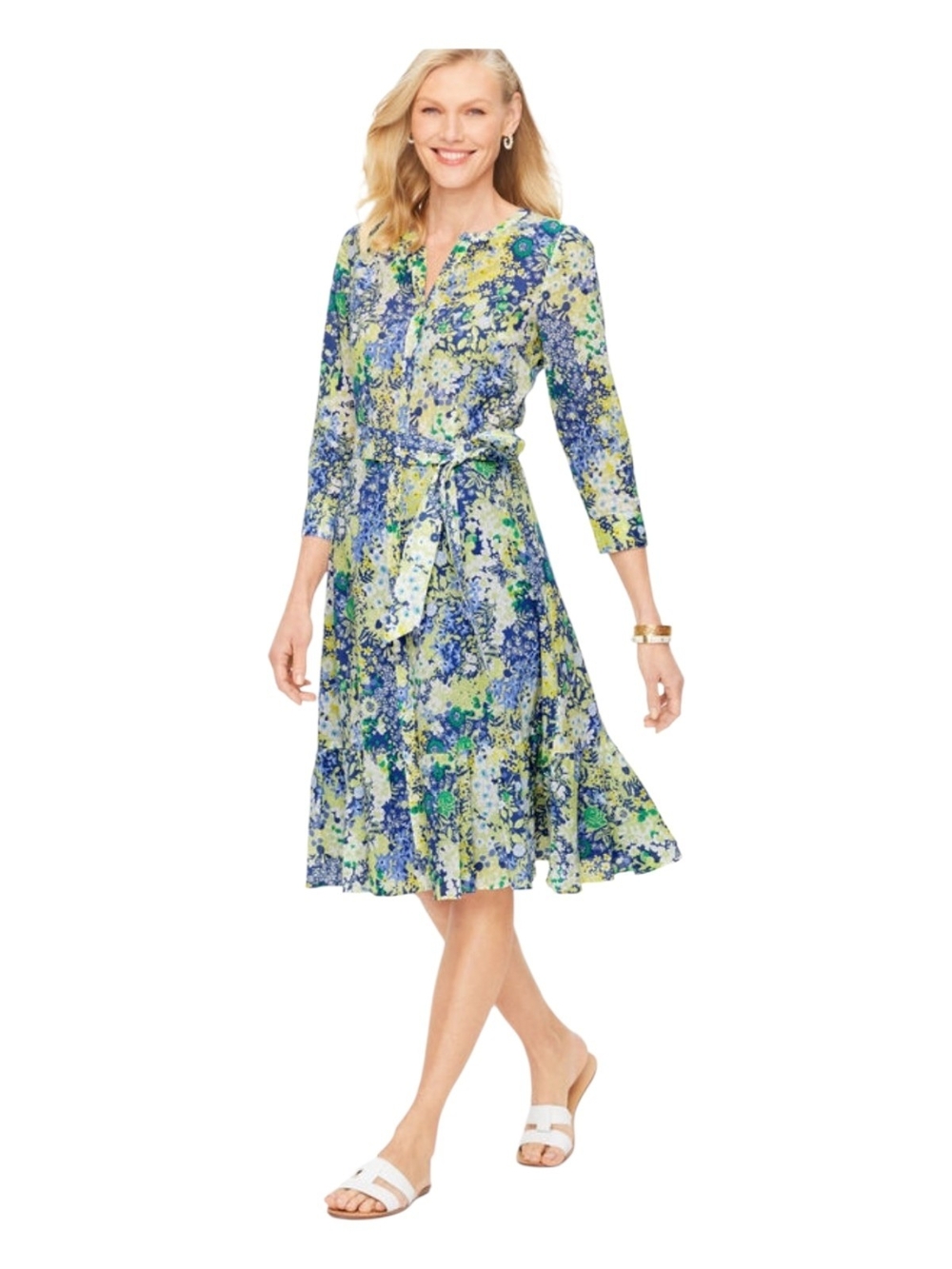 Talbots Blue & Green Floral Tie-Waist Midi Dress Size M 100% Cotton - Picture 1 of 10